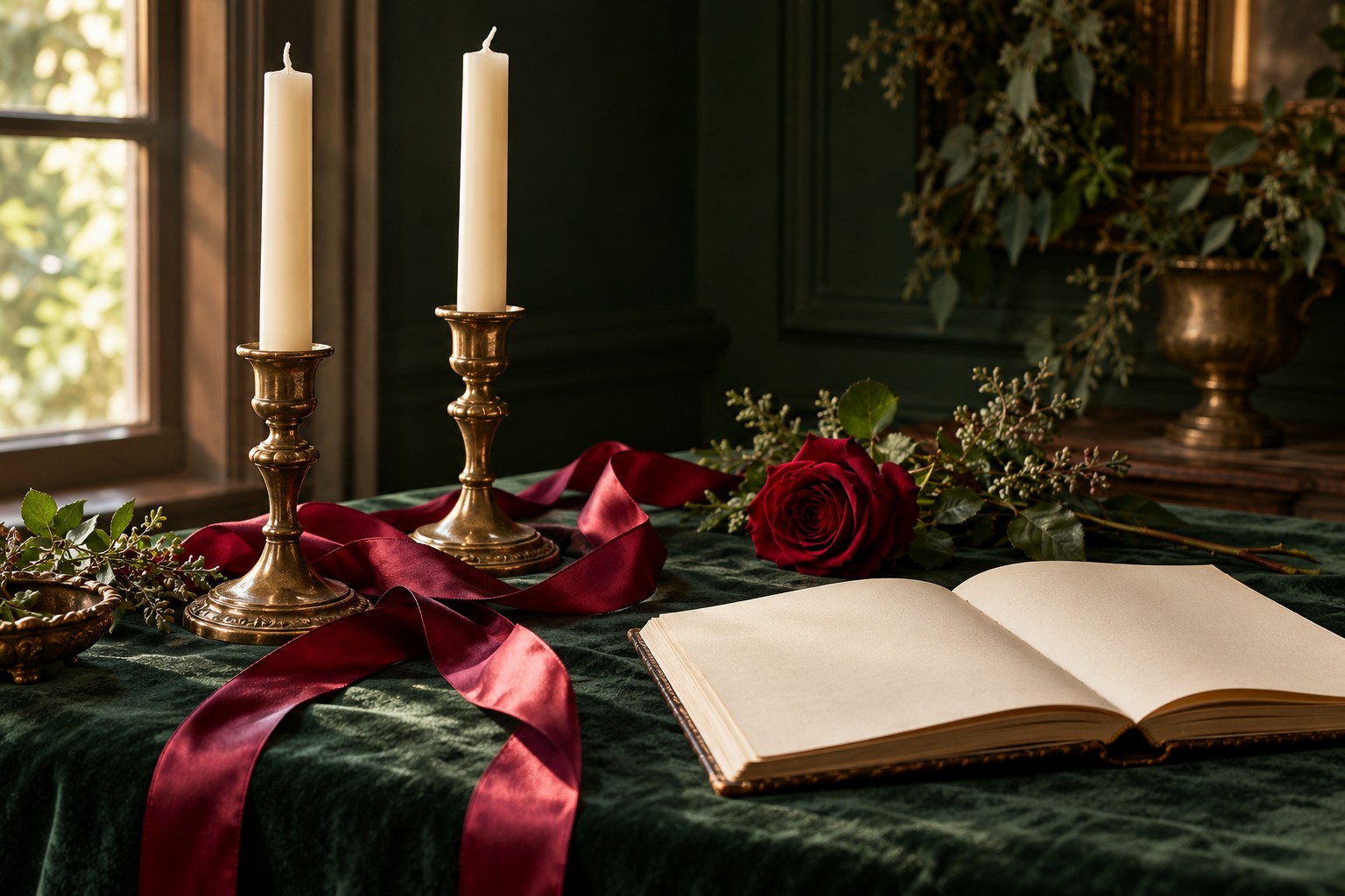 Escena simbólica con cintas, velas y una rosa